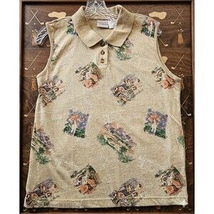 Liz Golf by Liz Claiborne Linen Cotton Polo Womens M Beige Sleeveless Golf Print
